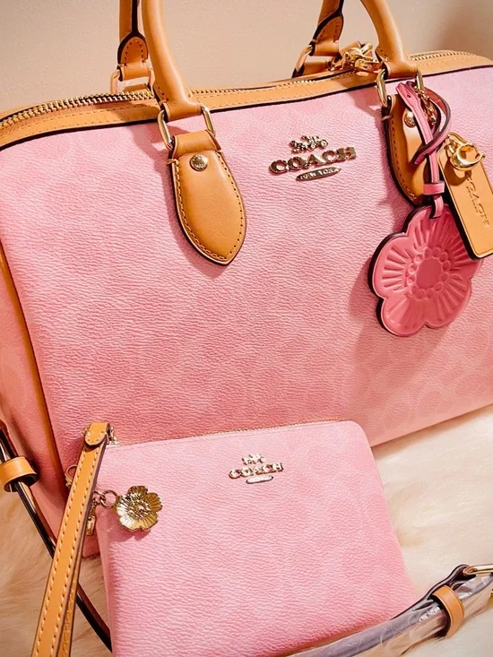 COACH Large Powder Pink Rowan Satchel with Matching Pouch - Picture 4 of 5
